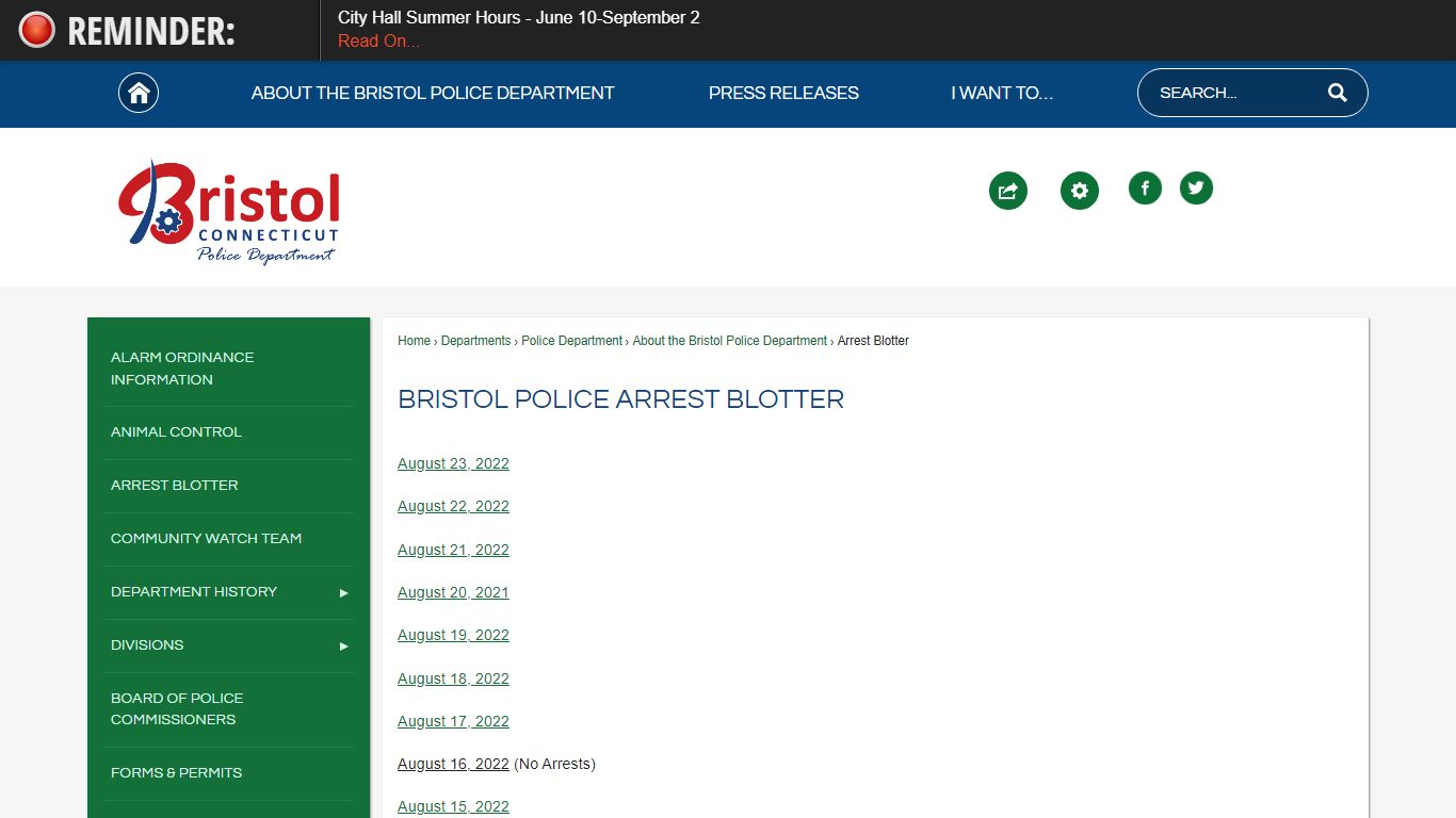Bristol Police Arrest Blotter | Bristol, CT - Official Website